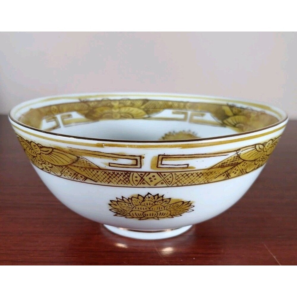 Vintage LJ Japan Soup Bowl Gold White 6"x2.75" Floral Greek Key EUC